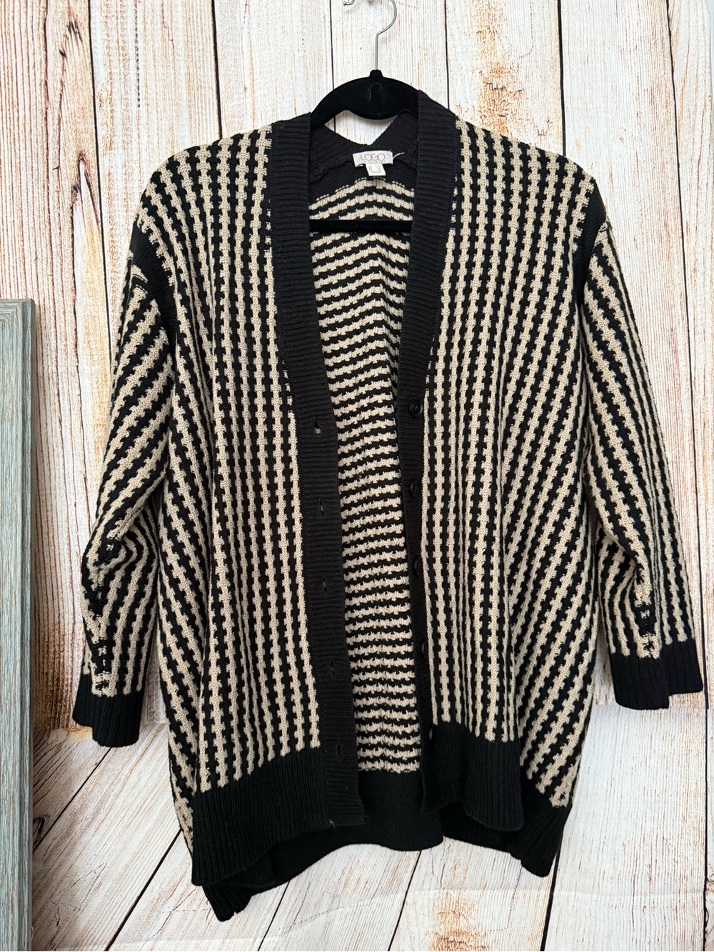 LOGO by Lori Goldstein Black and Cream Open Knit Cardigan